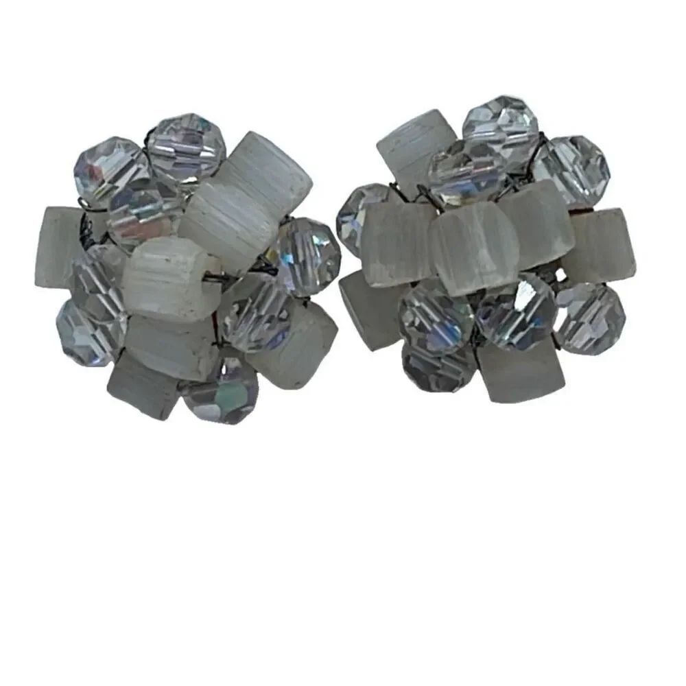 Vintage Vogue Aurora Borealis and frosted glass clip style earrings
